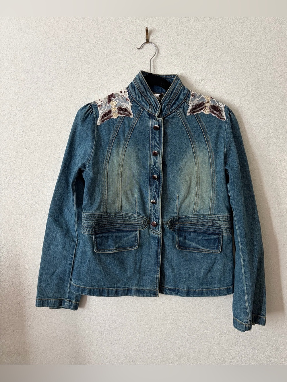 Carabella Beaded Lace Denim Jacket Medium Vintage Y2K Boho Western Cottagecore